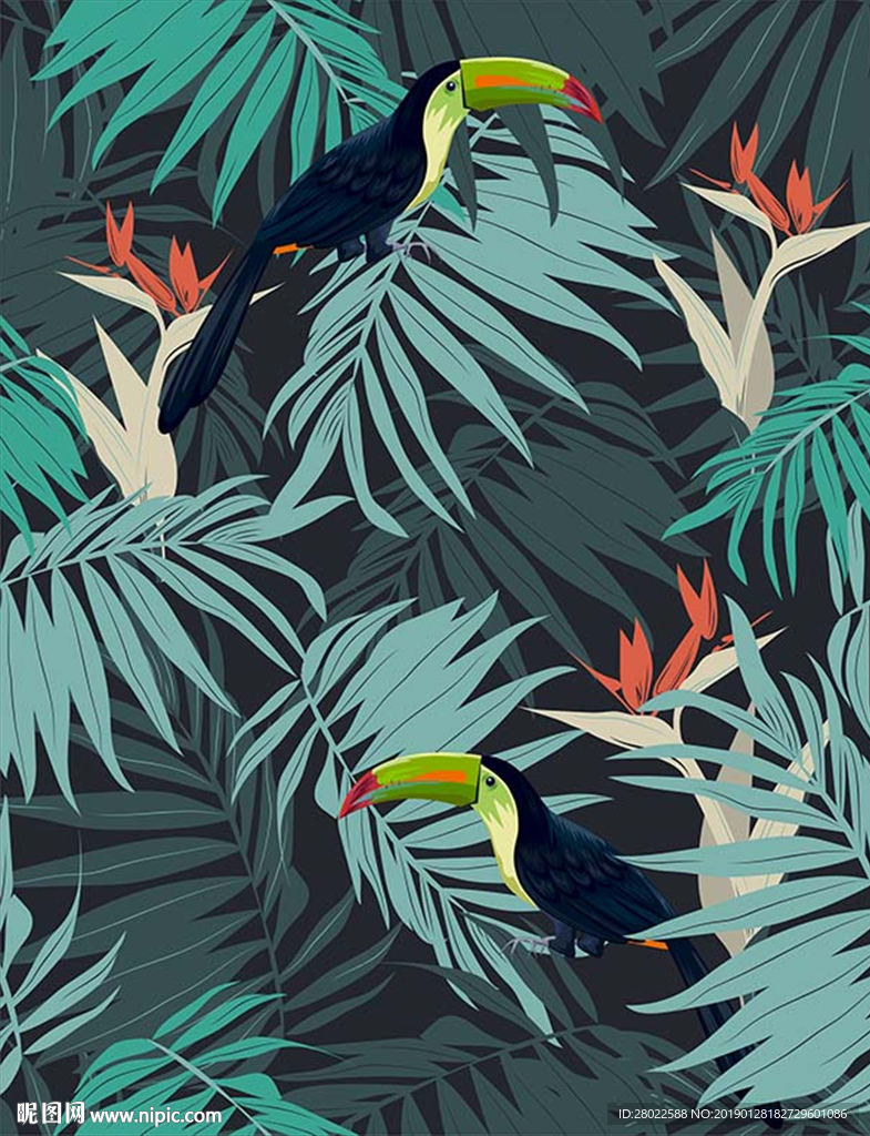 手绘热带植物大嘴鸟图案素材