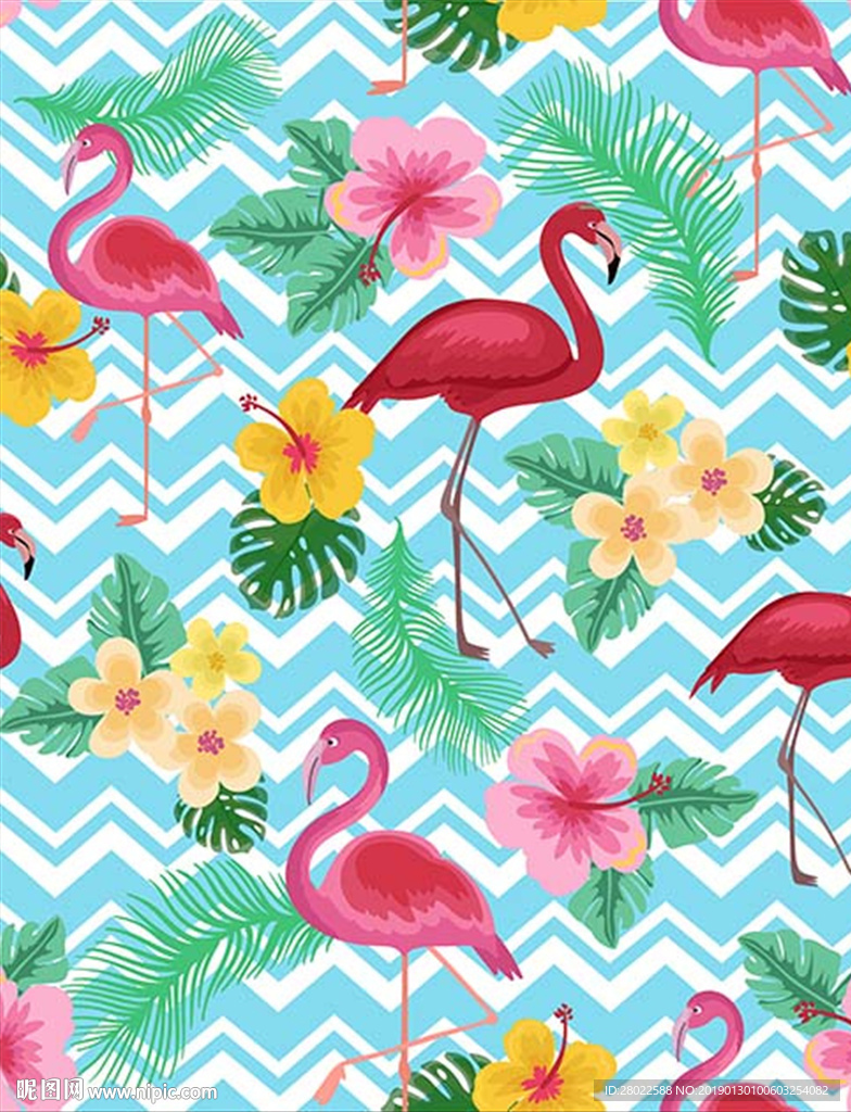 手绘热带植物花鸟火烈鸟素材