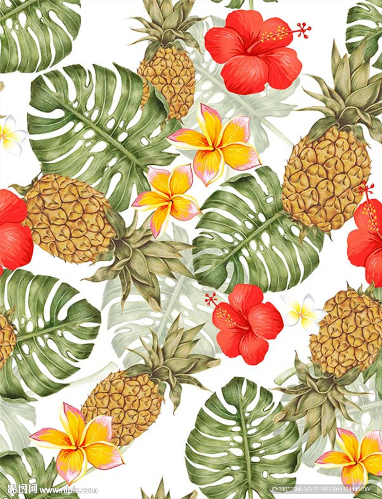 手绘热带植物龟背叶菠萝印花素材