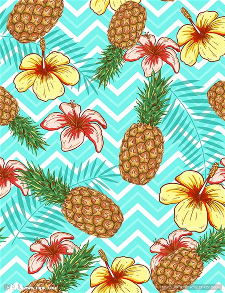 服装印花菠萝木槿花波浪底纹图案