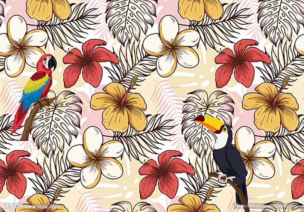 热带植物花鸟花卉服装图案素材