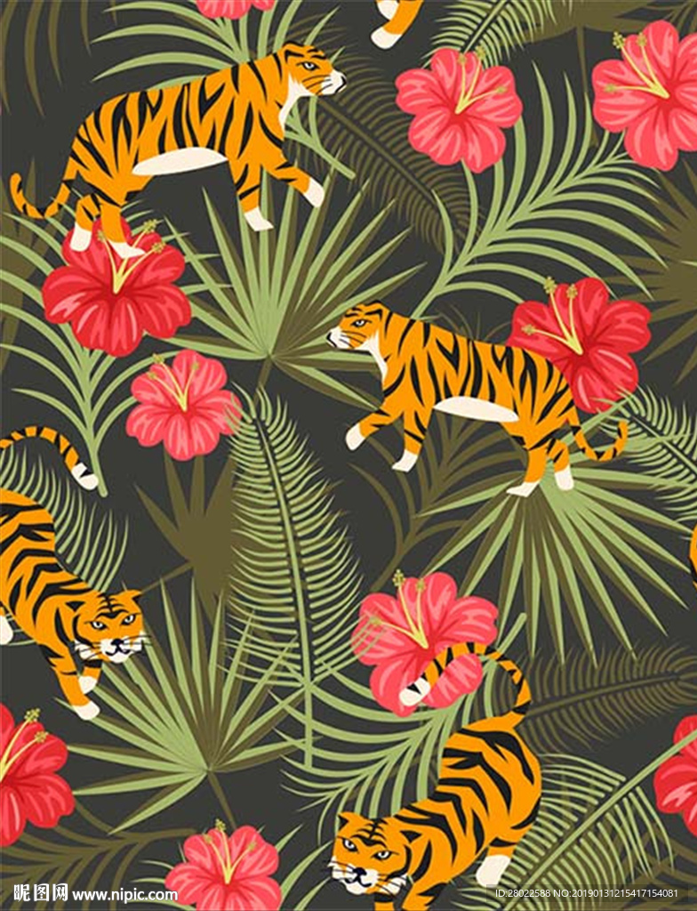 矢量热带植物花卉老虎服装图案素
