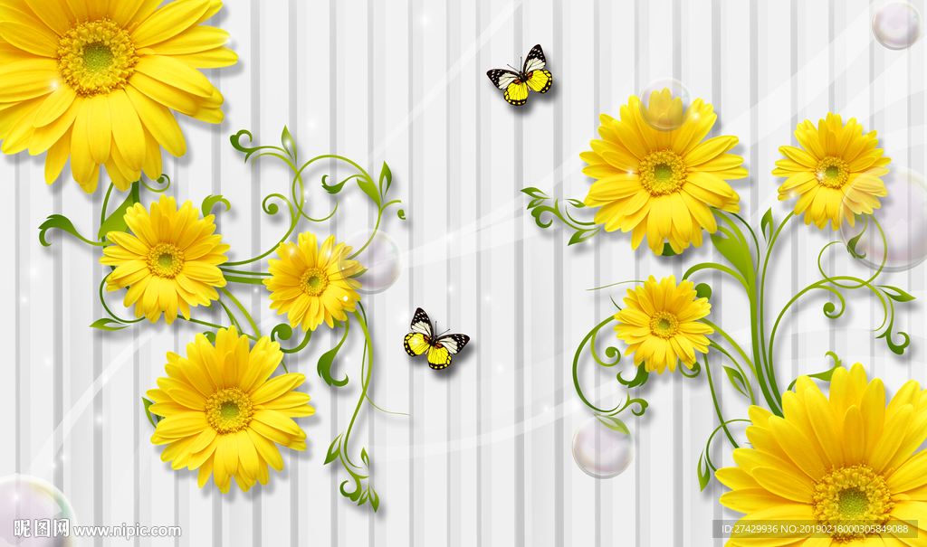向日葵花藤蝴蝶泡泡立体背景墙