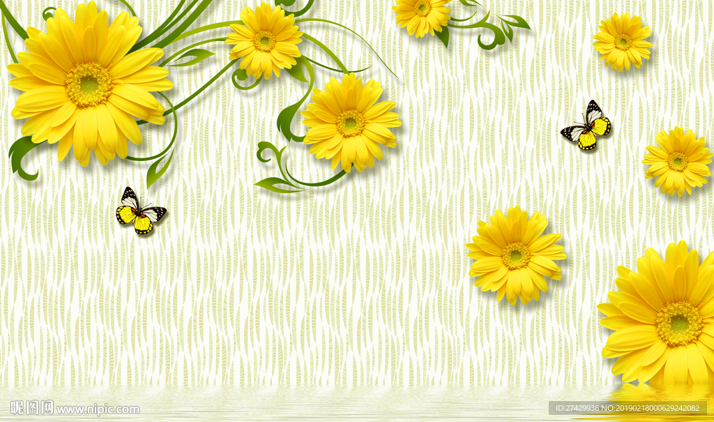 向日葵花藤蝴蝶立体背景墙壁画