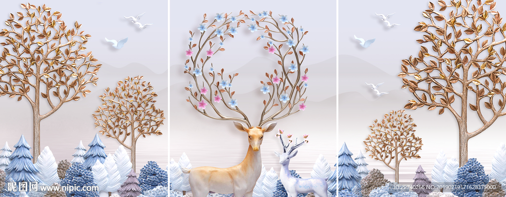 浮雕麋鹿森林发财树无框画三联画