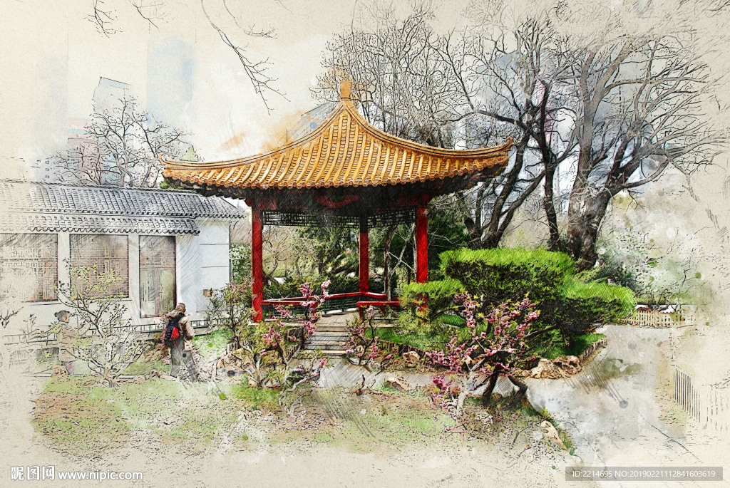 大连劳动公园园中园手绘无框画