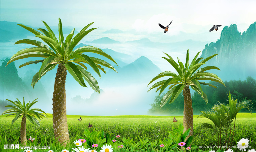 清新田园花草树木电视背景墙