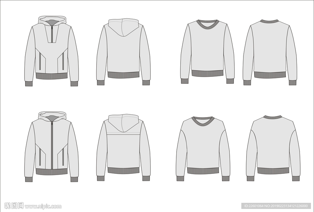 连帽男装卫衣设计基础矢量图模板