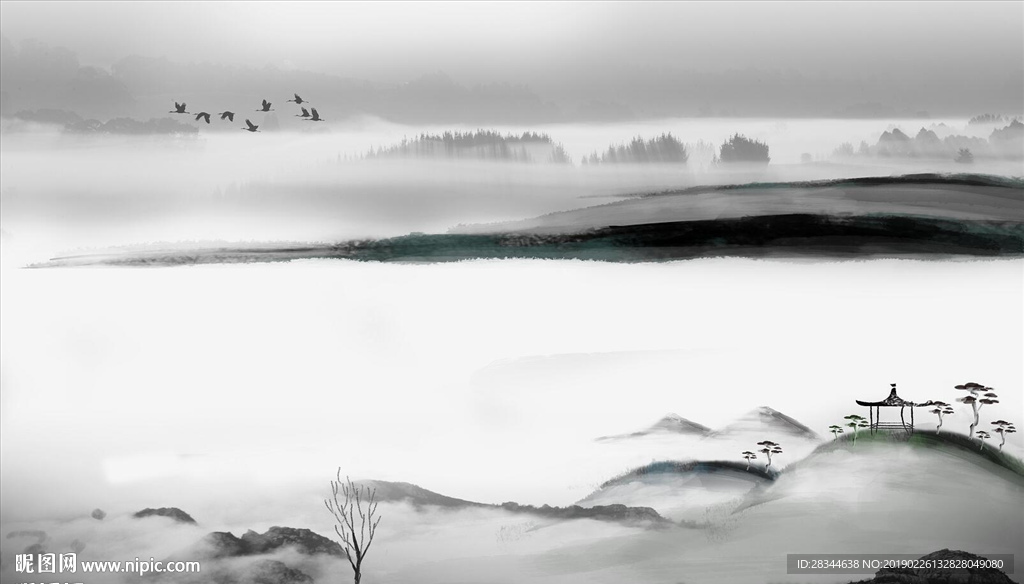 新中式抽象意境水墨山水画背景墙