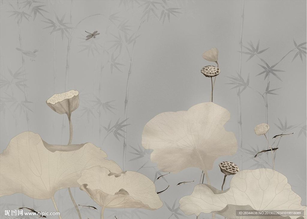 新中式素雅水墨工笔荷花手绘花鸟