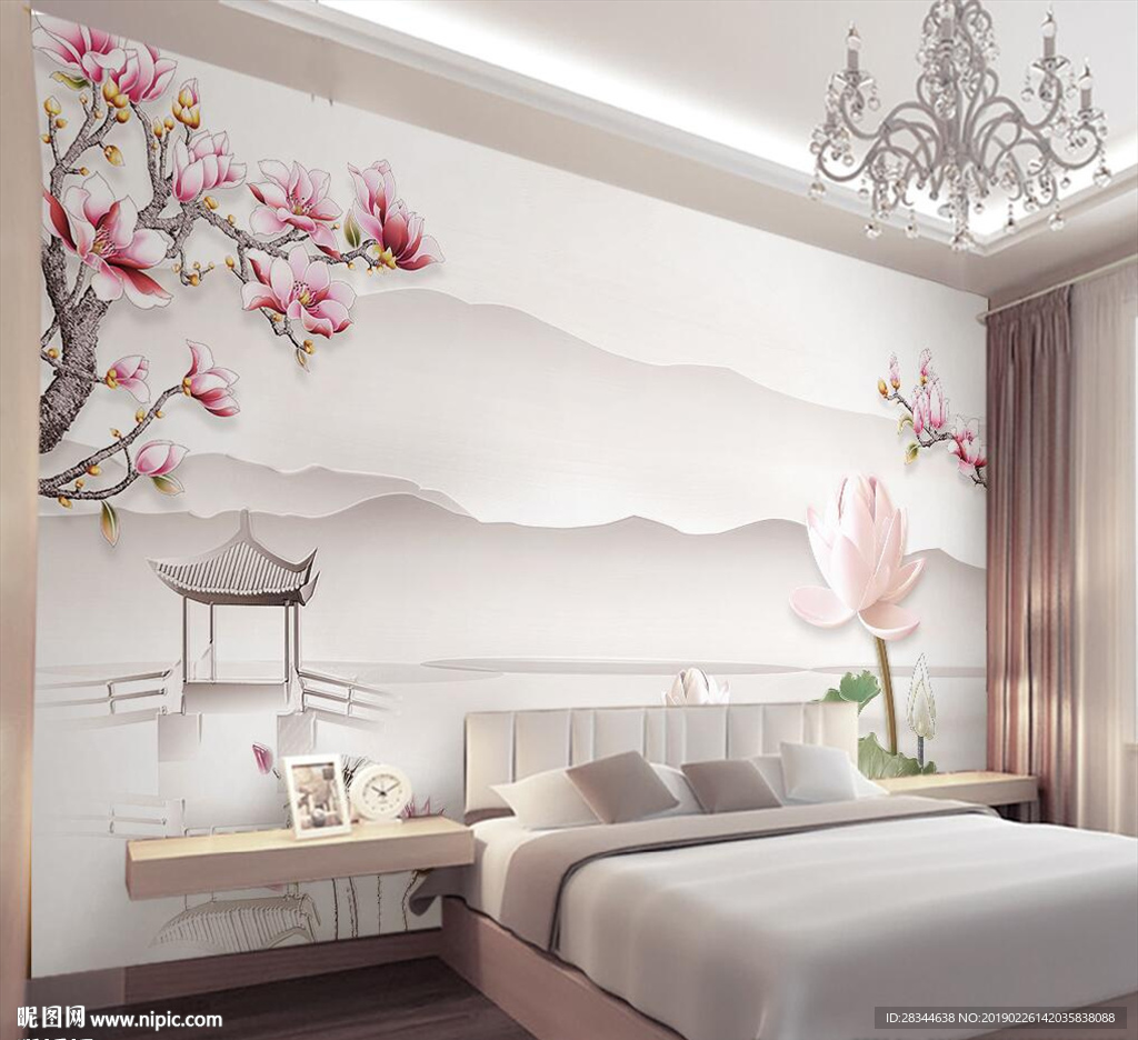 淡雅新中式山水荷花背景墙