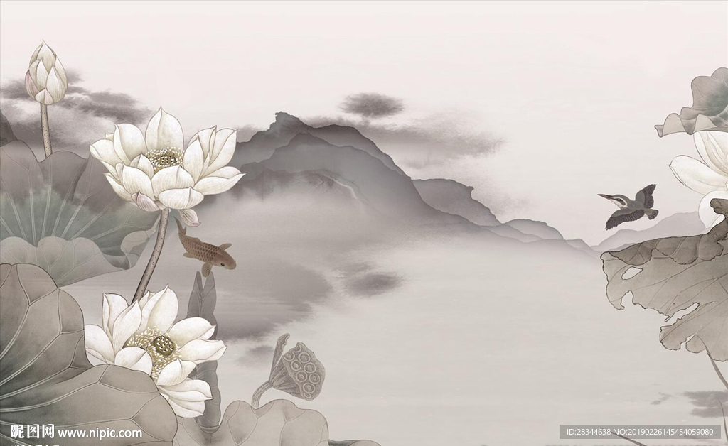 中式手绘工笔荷花背景墙翠鸟 抽