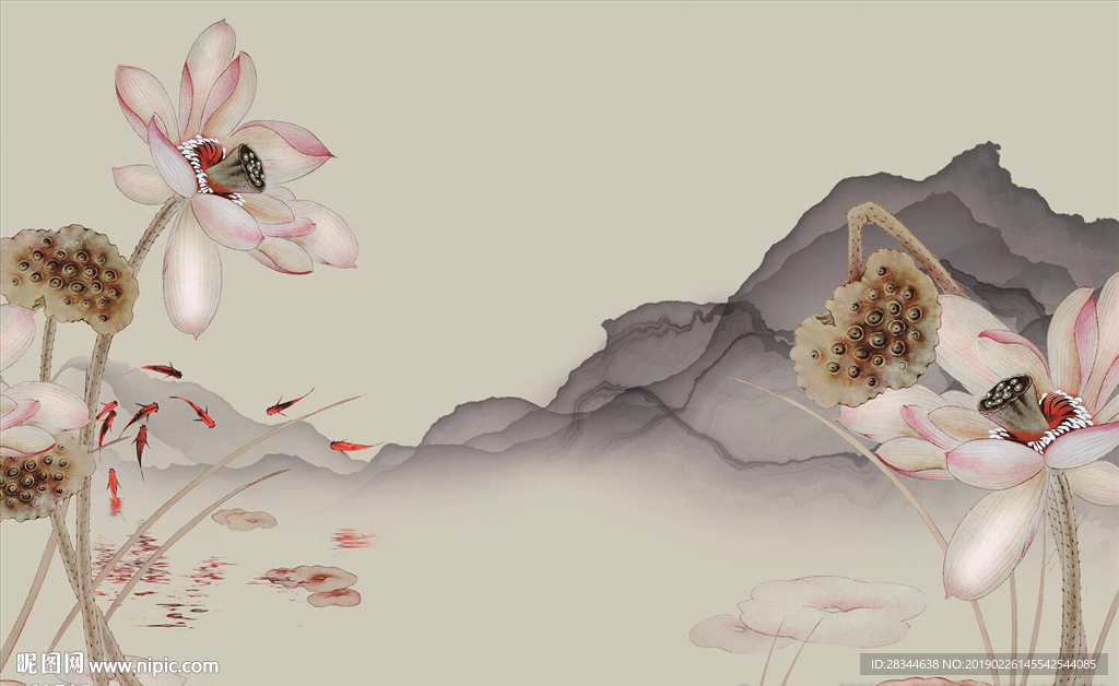 新中式素雅荷花手绘花鸟背景墙壁