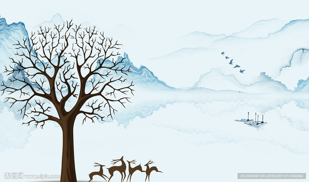 水墨山水麋鹿新中式背景墙