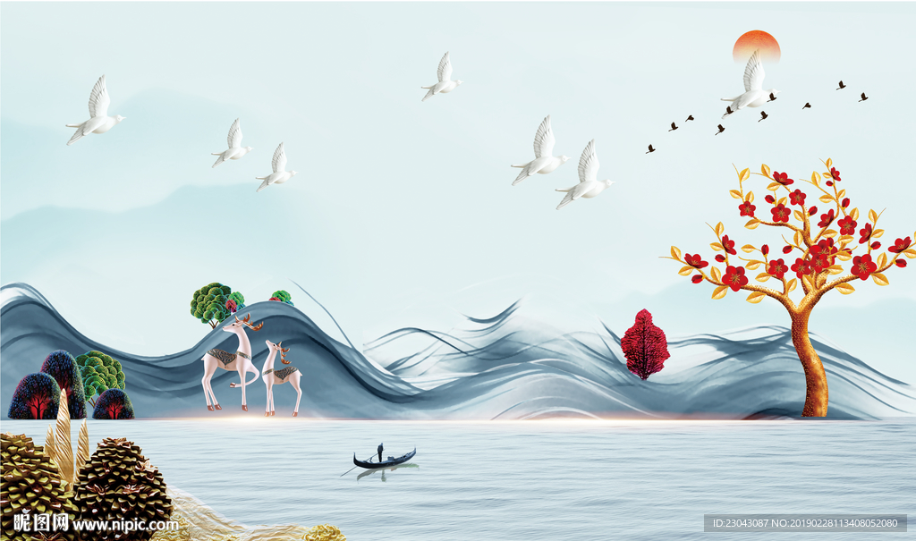 新中式抽象山水麋鹿背景墙