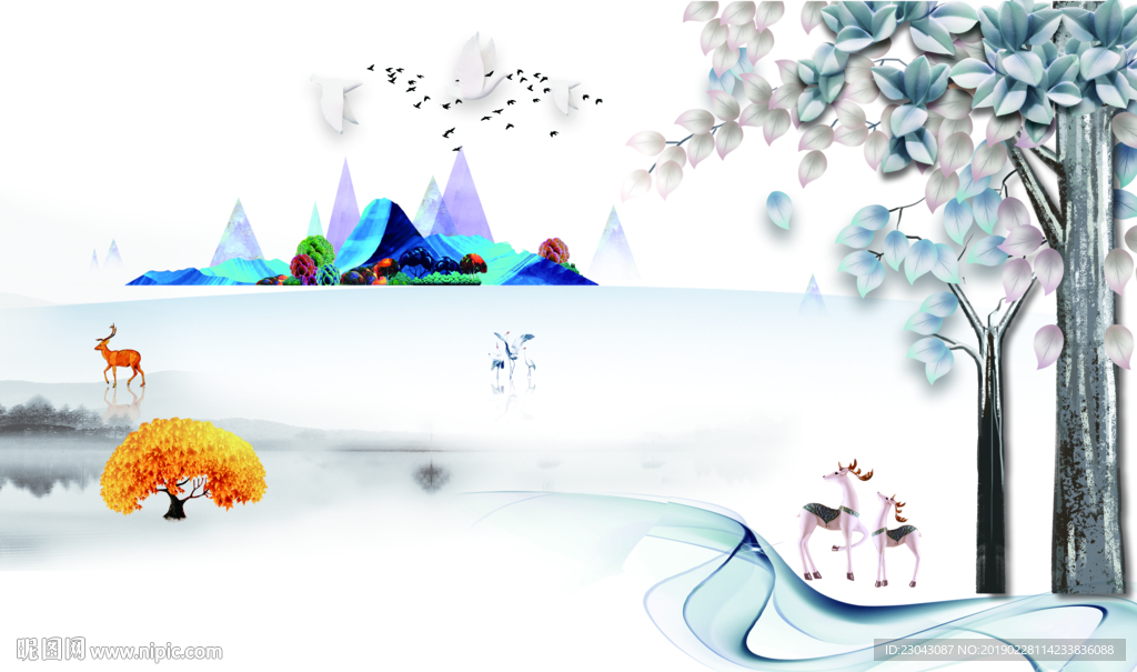 新中式抽象山水麋鹿背景墙