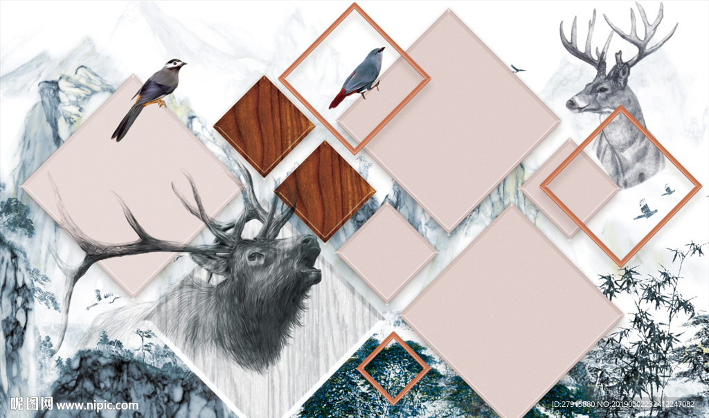 3D抽象山水鹿头背景墙