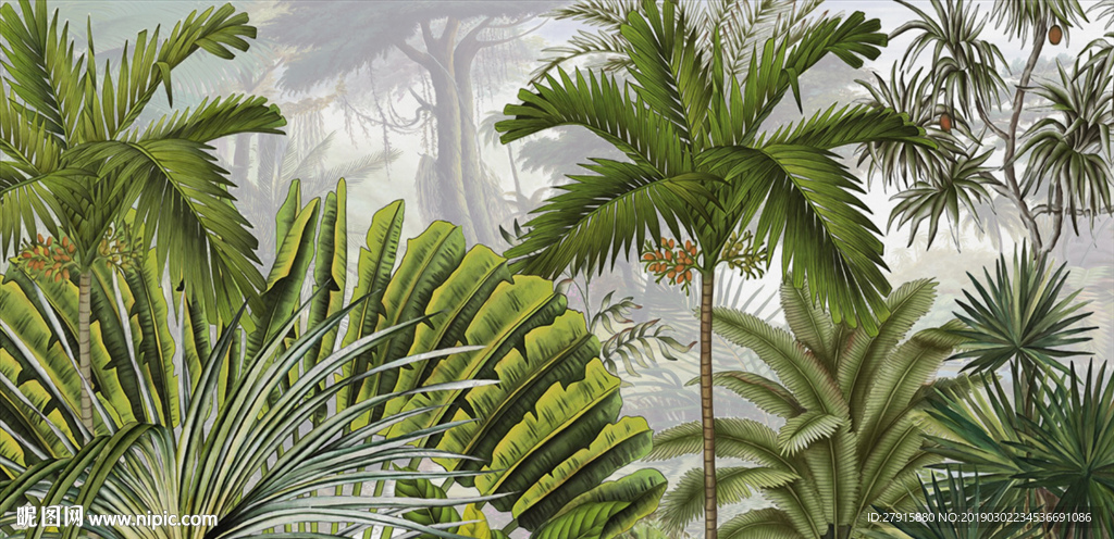 抽象热带雨林芭蕉叶背景墙