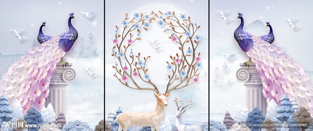 北欧风格麋鹿孔雀三联画装饰画