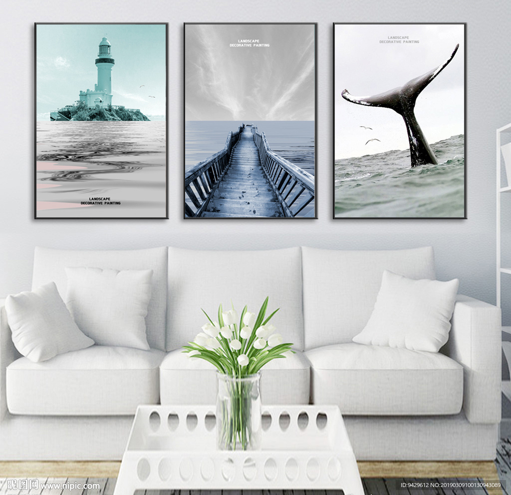 北欧意境海景黑白三联无框画