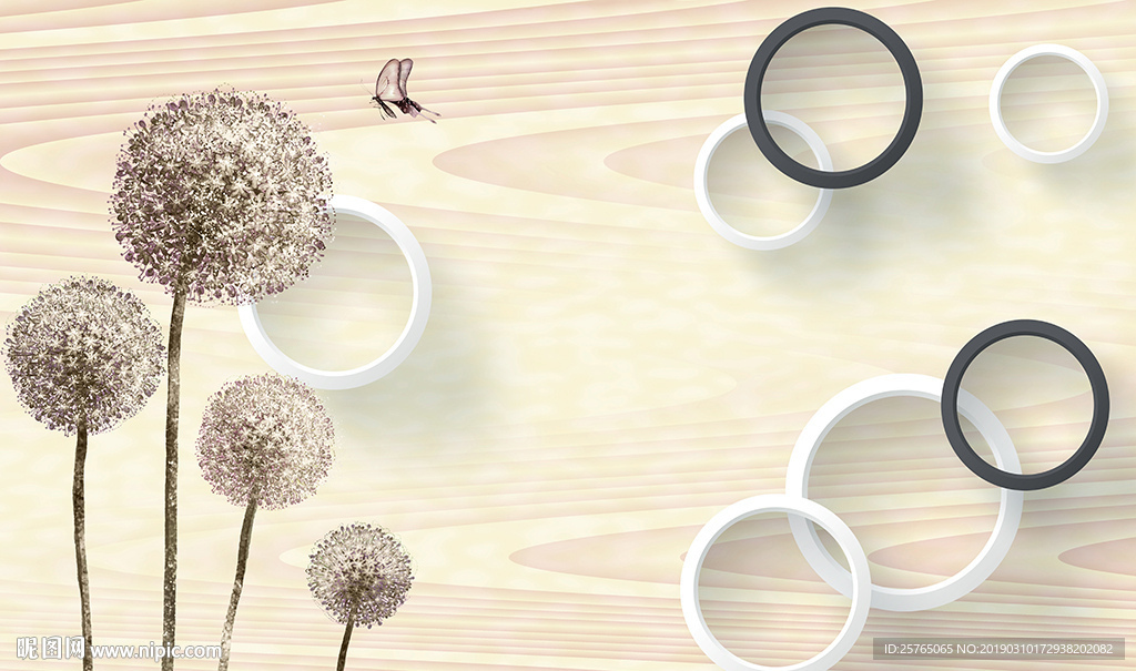 简约圈圈木板蒲公英电视背景墙