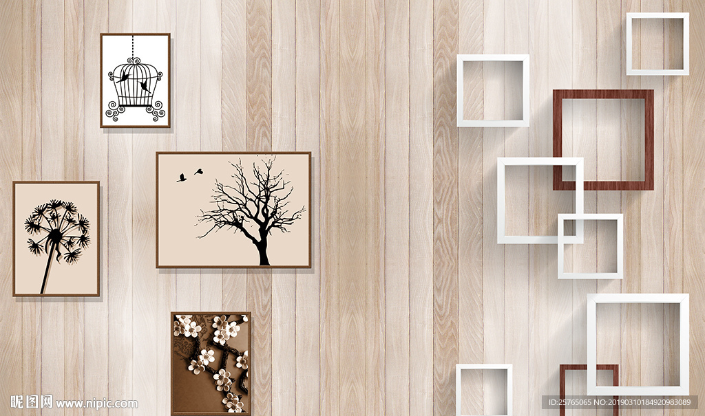 简约框框无框画木板电视背景墙