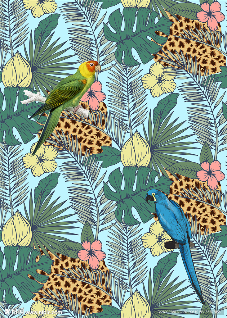 手绘热带植物花鸟豹纹图案素材