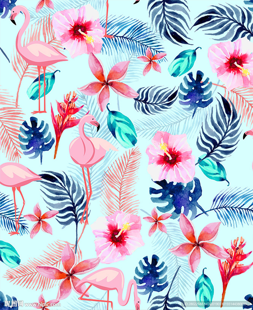 手绘热带植物花卉火烈鸟图案素材