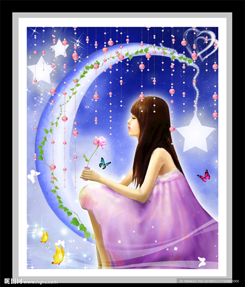 月亮女孩珠帘星星装饰画