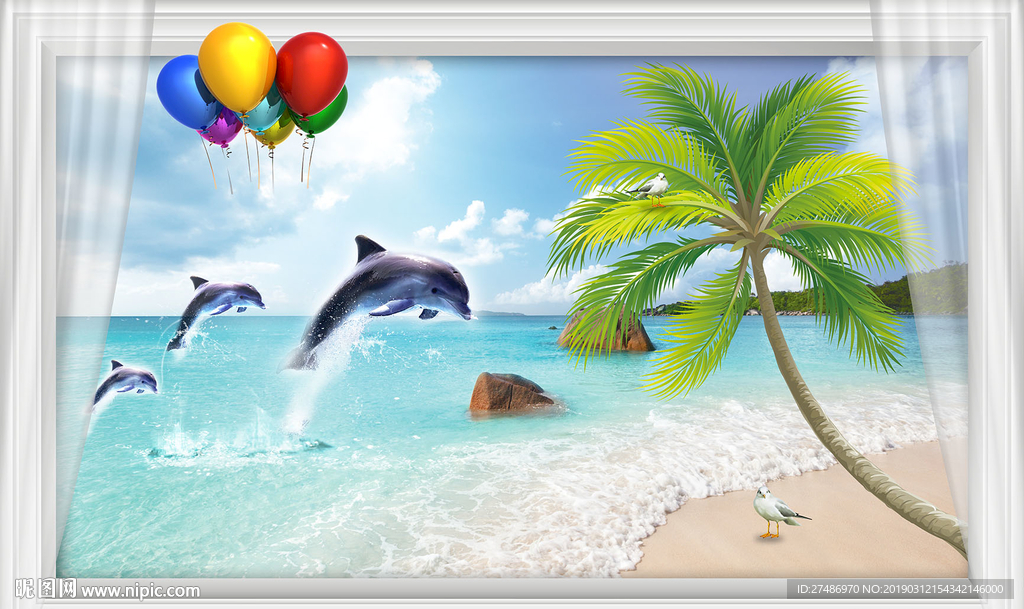 3D窗外飞跃海豚气球阳光海滩电