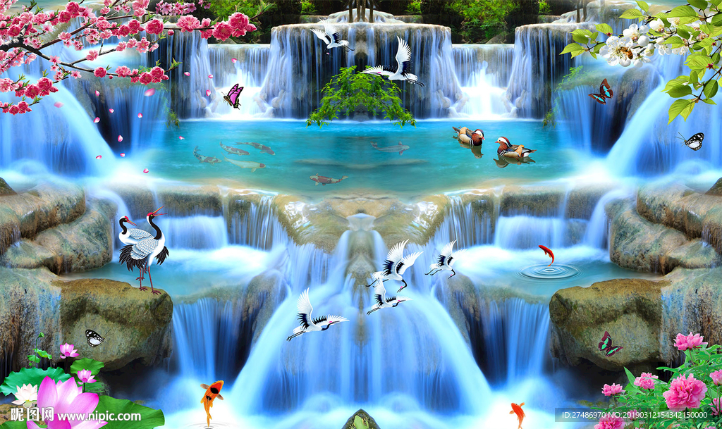 巍峨大气林间山谷鸟语花香瀑布背