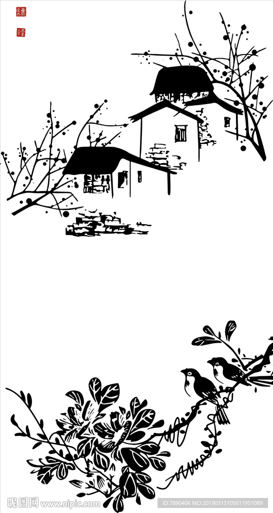 硅藻泥矢量图屋花鸟报春房子