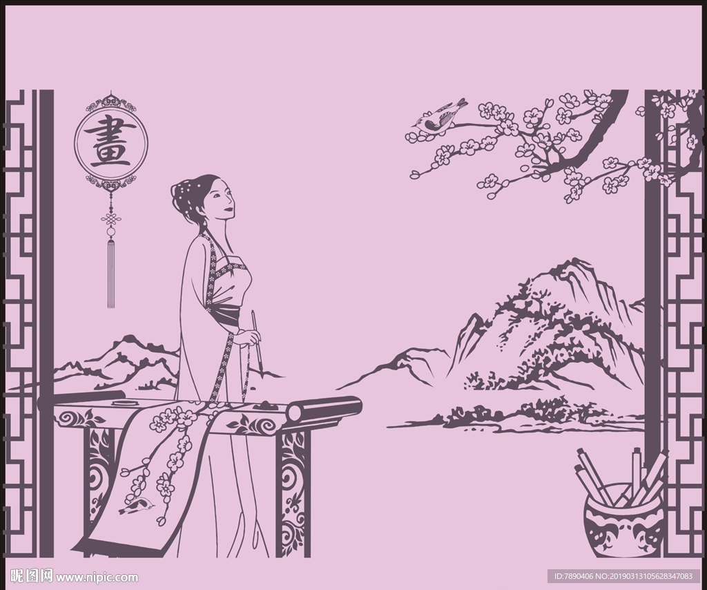 硅藻泥矢量 屏风书古典美女梅花