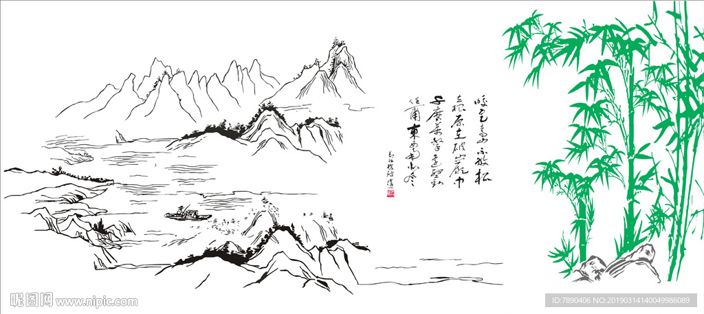 硅藻泥郑板桥竹石青山绿水风景画