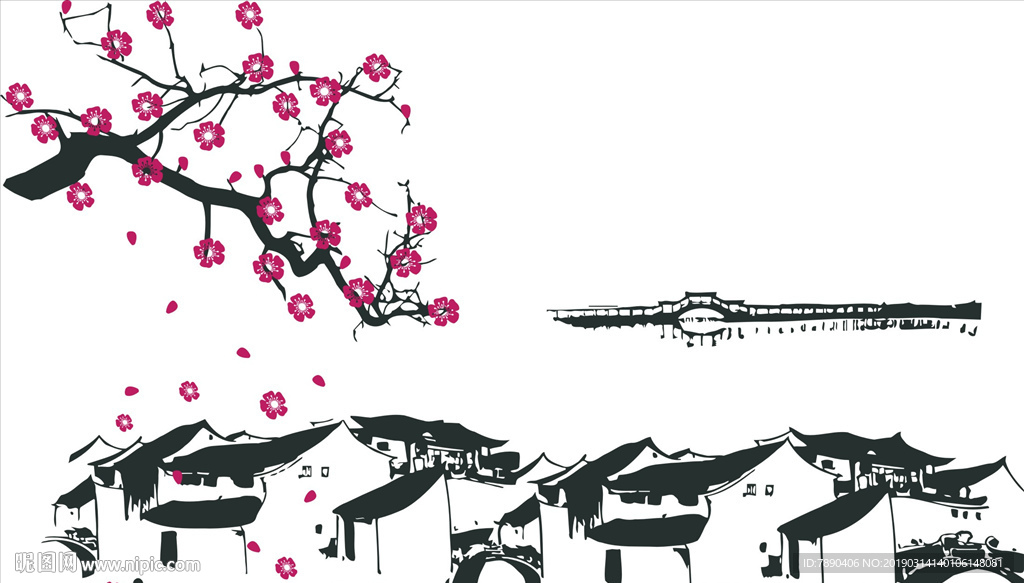 硅藻泥矢量梅花风景画