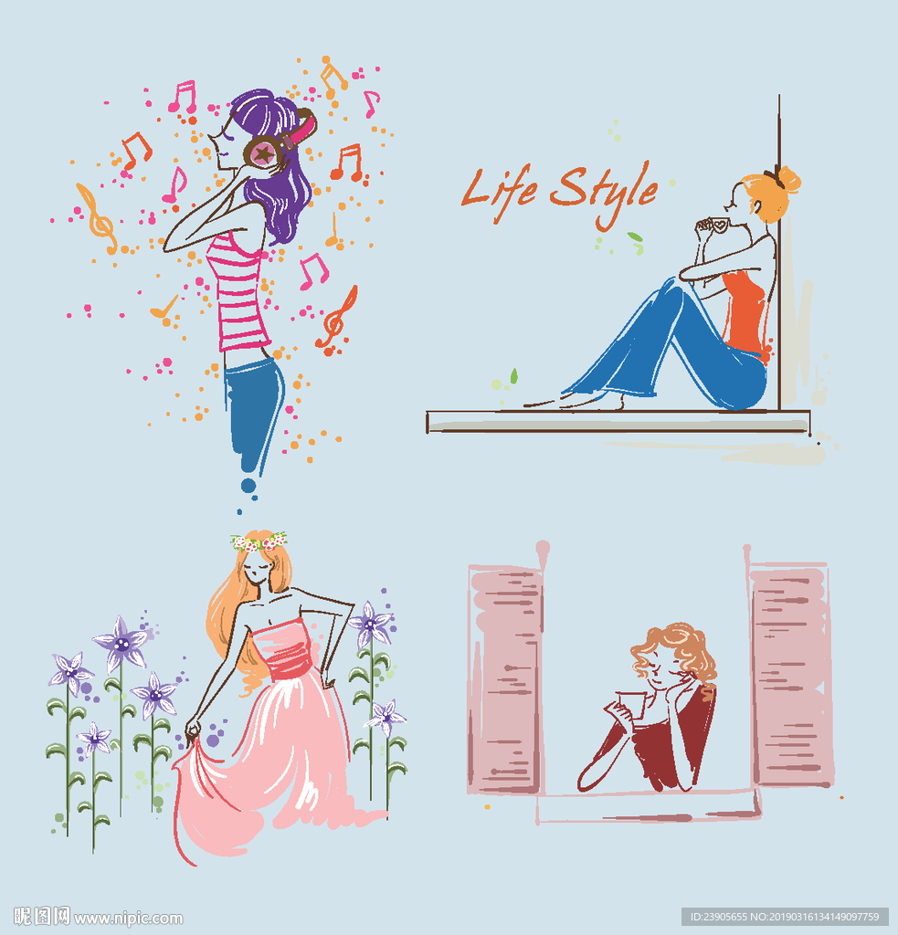 矢量卡通女孩文艺清新人物形象插