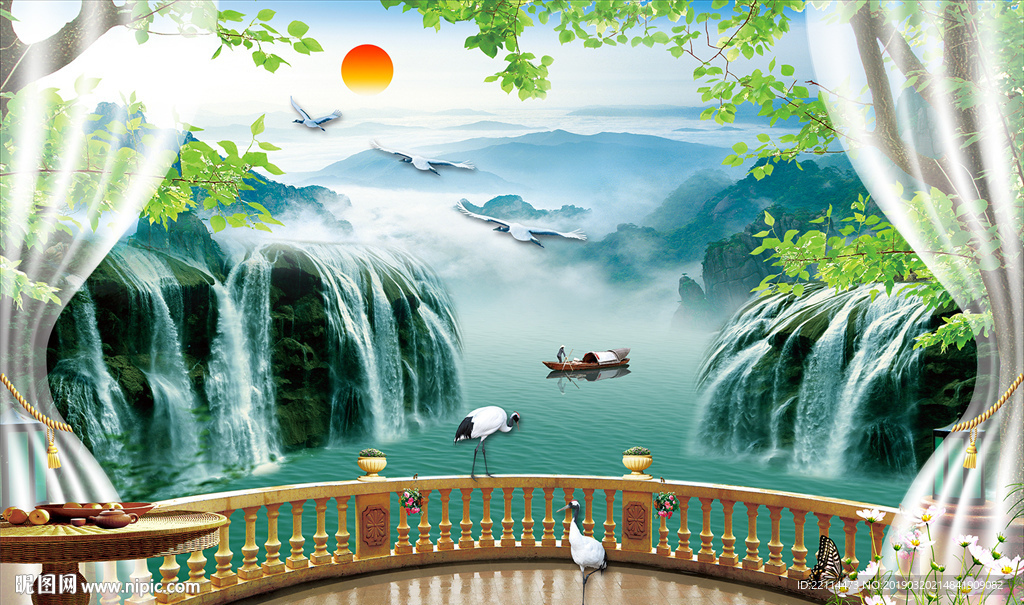 流水生财3D立体阳台风景山水画