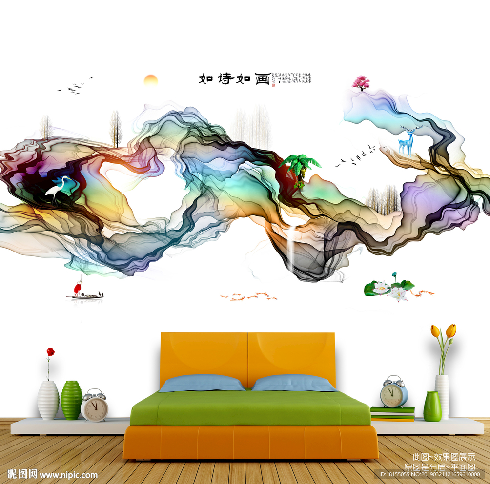 写意画 水墨山水 墙壁画