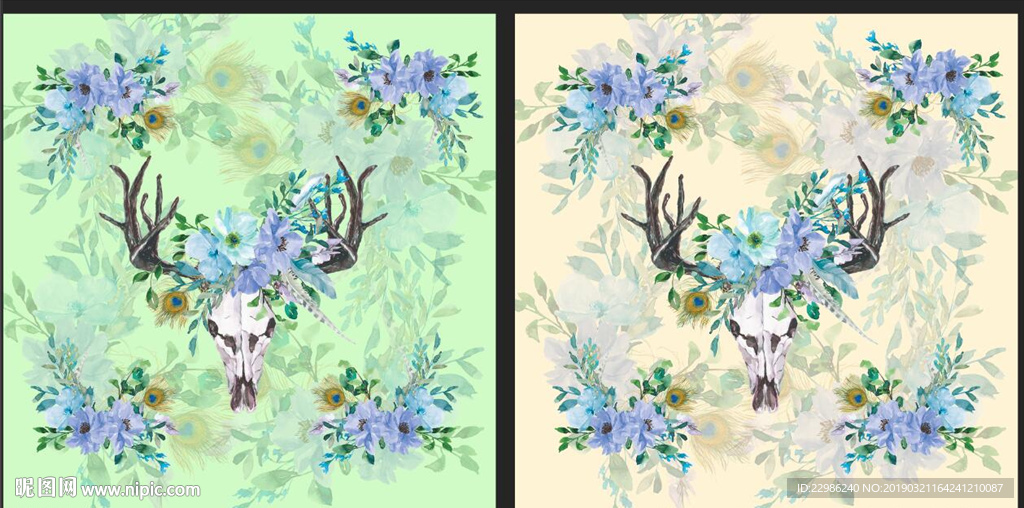 手绘鹿头欧式花卉装饰画背景墙图
