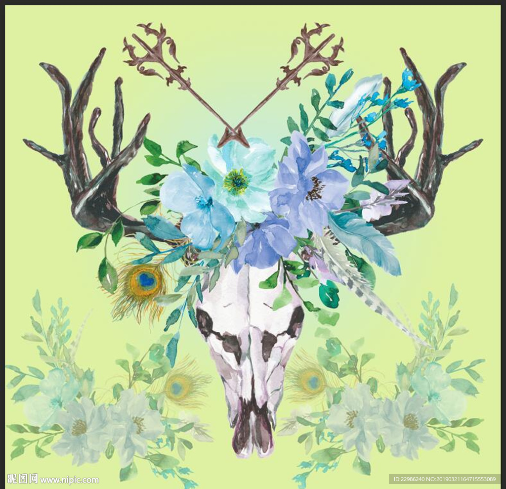 手绘鹿头欧式花卉装饰画