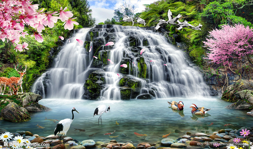 逼真高清大气壮观瀑布山水背景墙