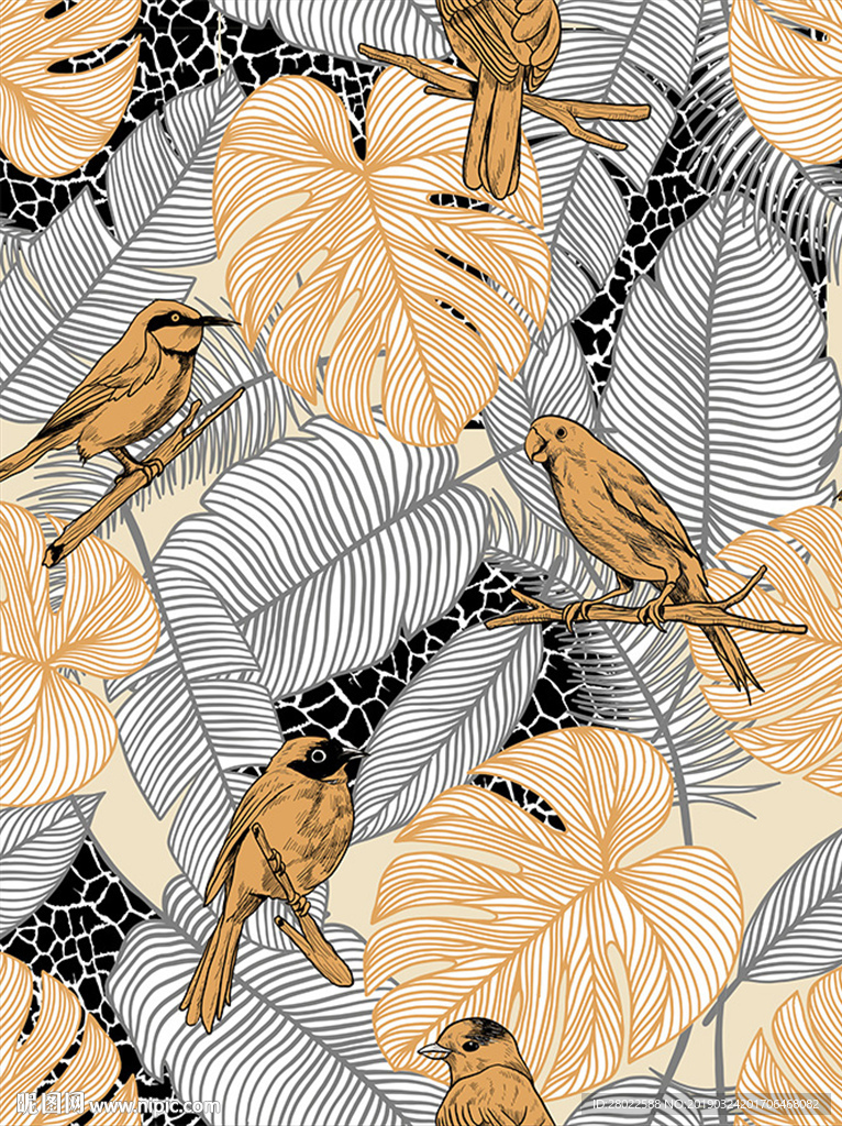 手绘热带植物树叶小鸟服装印花图