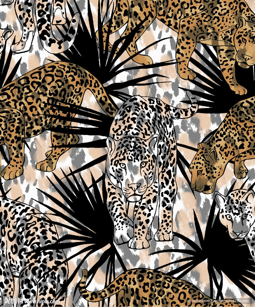 手绘热带植物猎豹豹纹图案素材