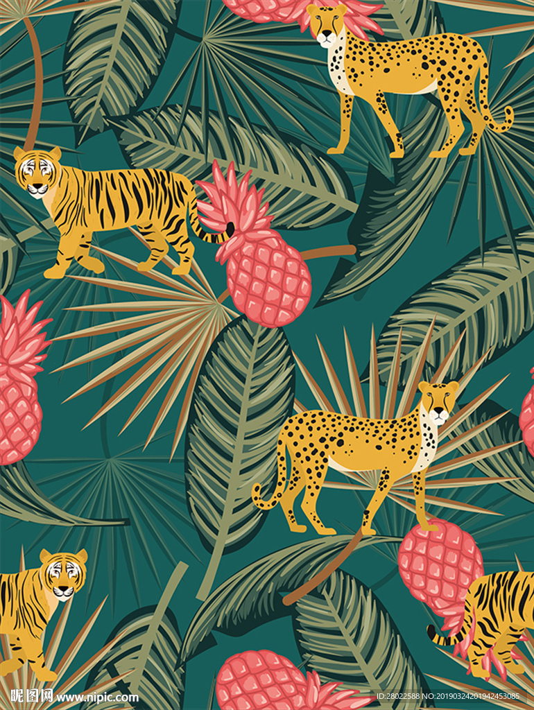 手绘热带植物老虎菠萝图案印花图