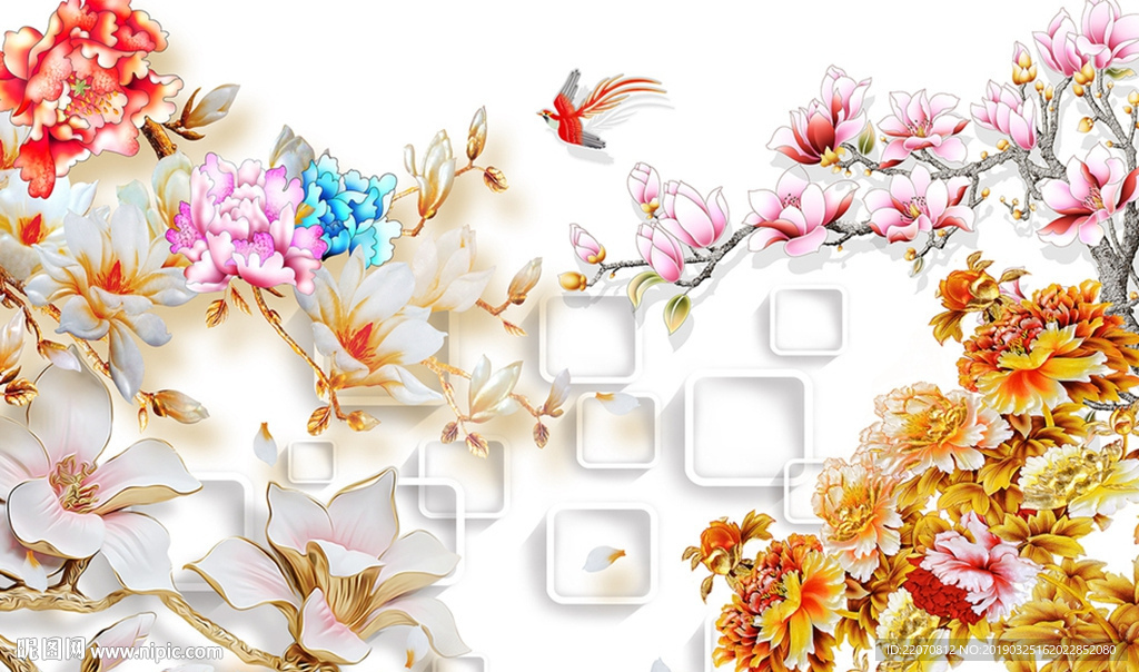 中式富贵花吉祥鸟背景墙