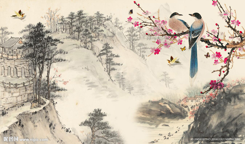 新款山水梅花花鸟背景墙