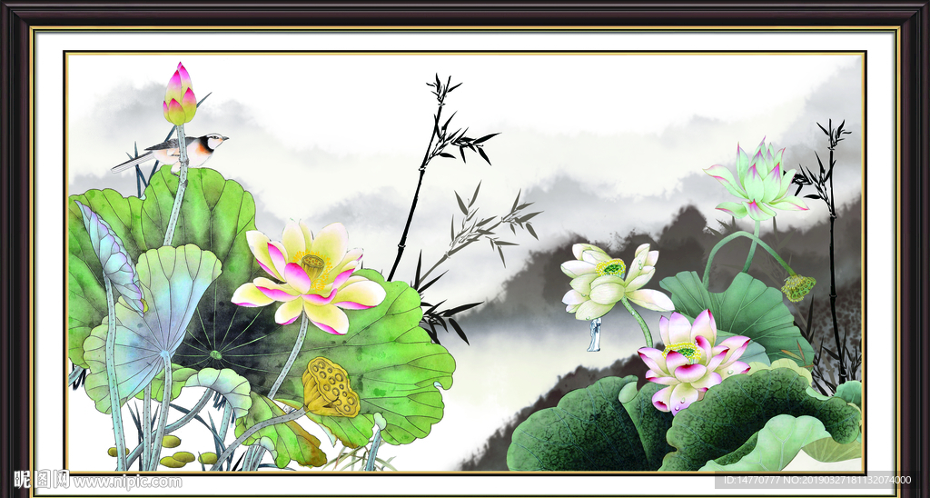 荷花壁画 和气生财