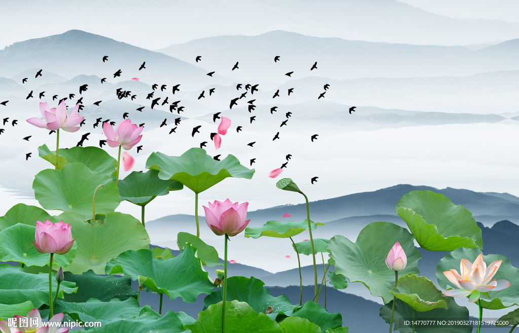 荷花壁画 和气生财