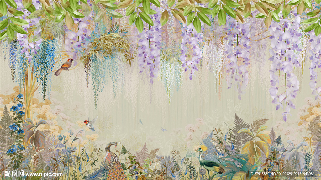 抽象复古花鸟孔雀绿叶背景墙