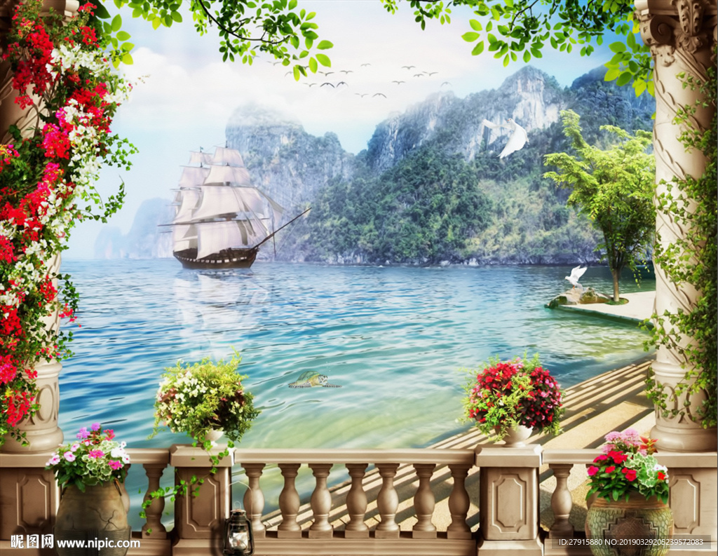 抽象海边椰树帆船背景墙